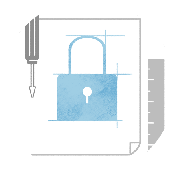 blueprint padlock design, with screwdriver and ruler, symbolizing privacy and security.